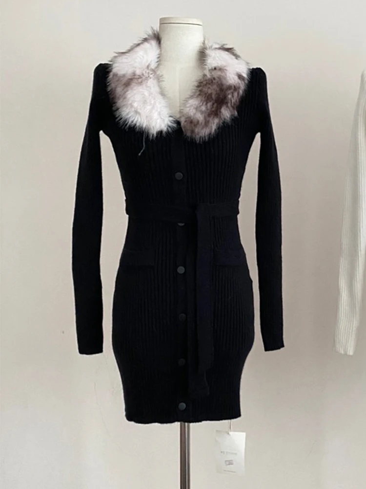 Winter Women French Vintage Old Money Midi Knit Faux Fur Collar Dress Bodycon Frock Long Sleeve One-Piece 2000s Party Evening