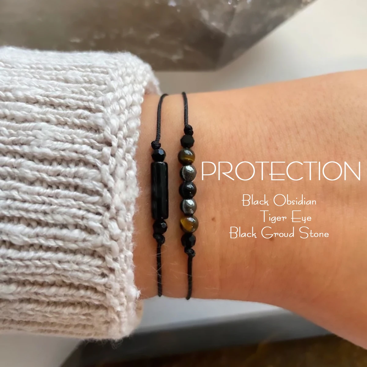 Triple Protection Drawstring Bracelet, Empath Protection Set, Black Obsidian, Gifts for Her or Him, without card, 1set(2pcs)