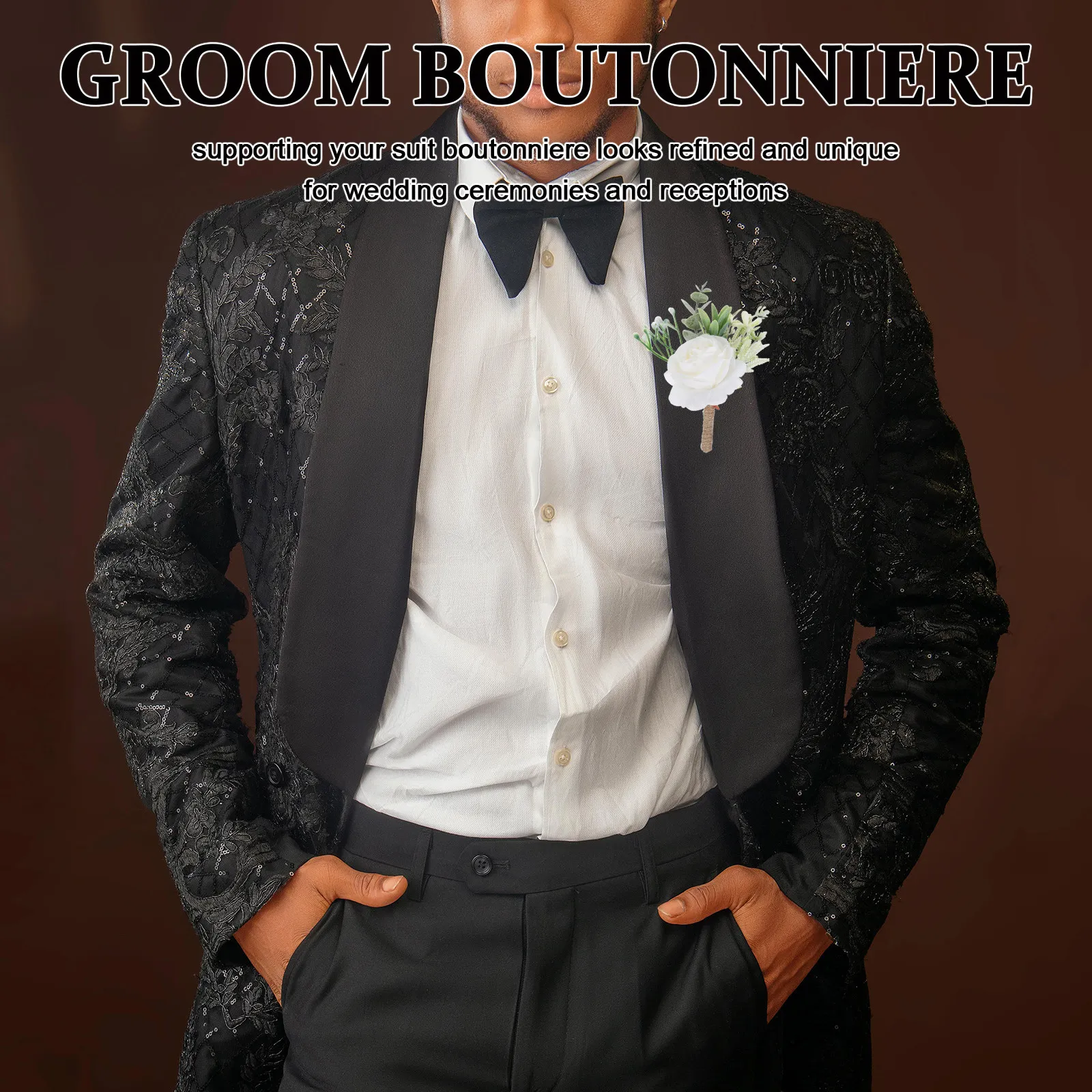 6Pcs White Rose Groom Boutonniere Artificial Suit Lapel Flower for Wedding Ceremony Reception Tuxedo Groomsmen Buttonhole Pin