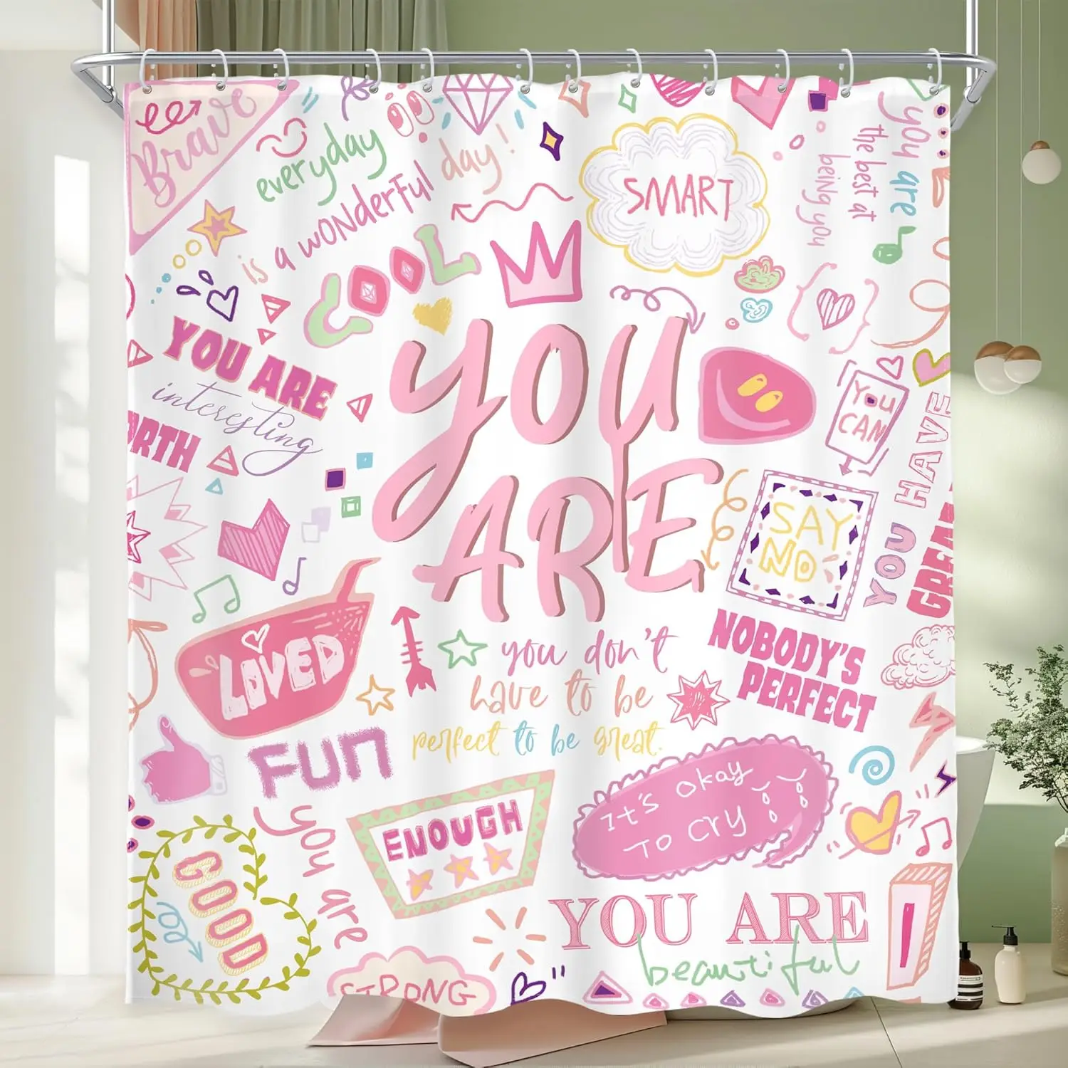 Kids Positive Quotes Shower Curtain Pink Neon Cute Funny Abstract Graffiti Girls Girly Teens You are Artwork Cloth  Waterproof