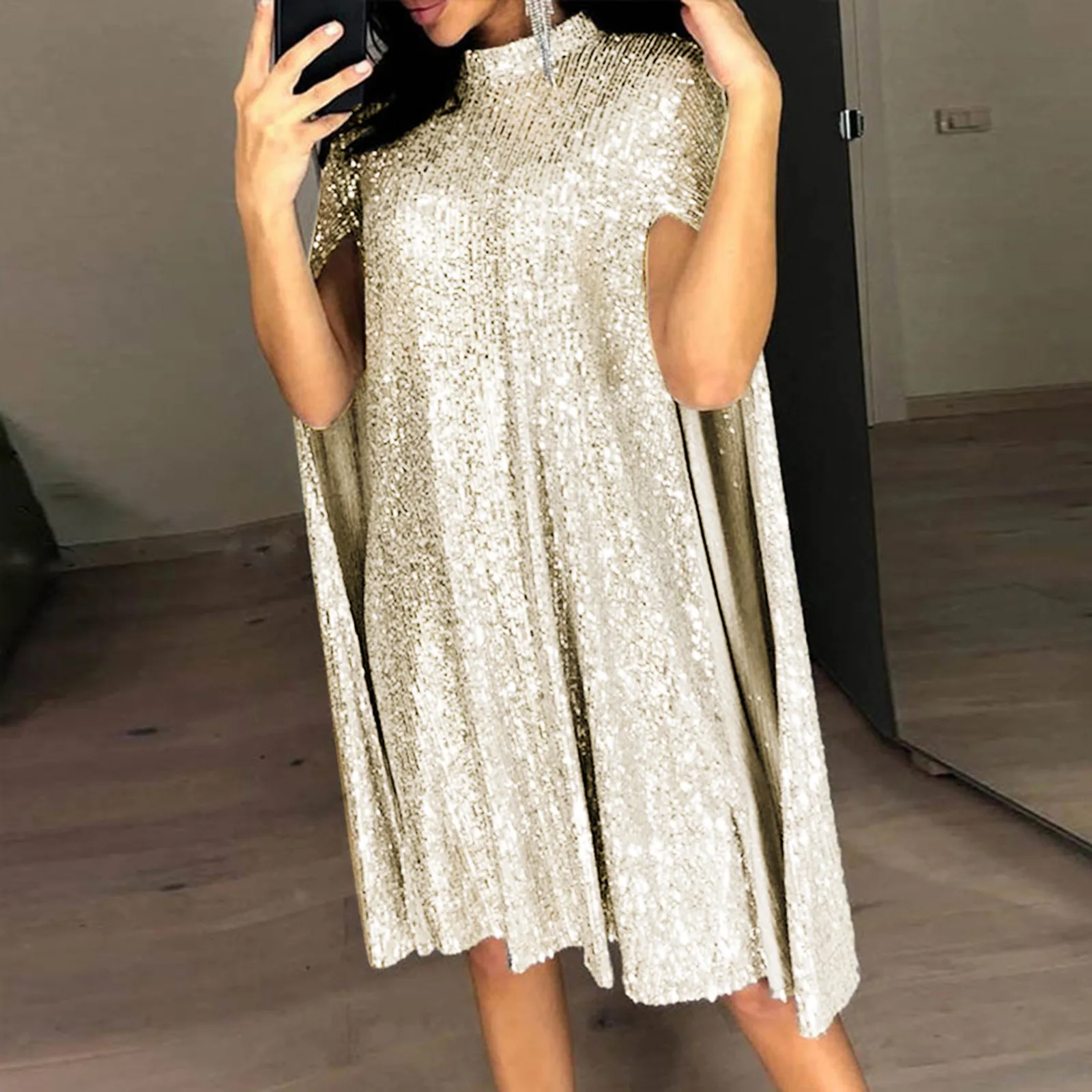 Robe de Cocktail à Manches sulfet Col Haut pour Femme, Tenue Élégante à Paillettes de Couleur Unie, Coupe Cintrée, Quelles que soient les Robes