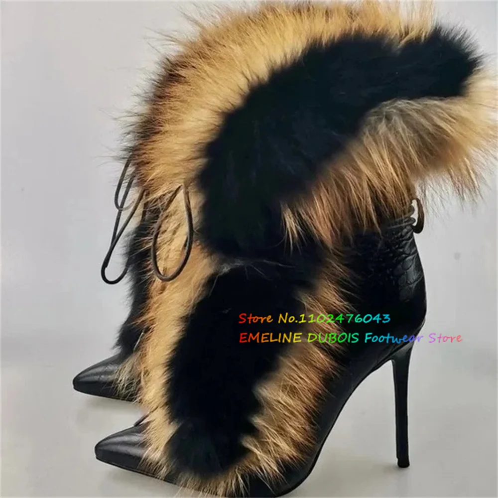 

Ботильоны на высоком каблуке с крокодиловым узором, пикантные зимние пикантные короткие ботинки с острым носком и меховым украшением на шпильке с перекрестной завязкой