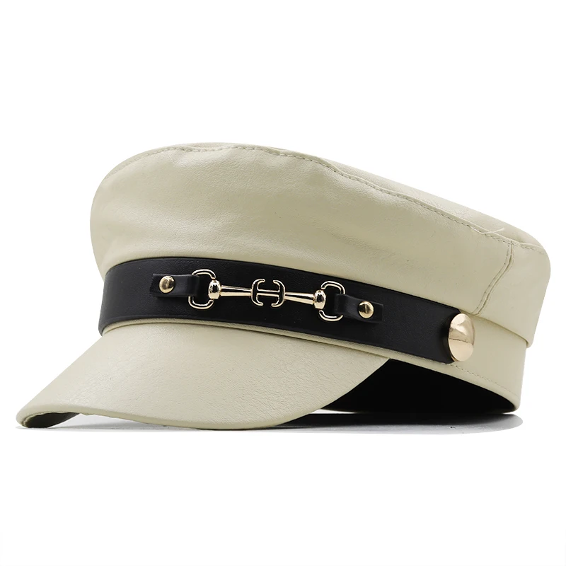 Brand Hat Girl Military Caps Black Leather Studentsr Hats Flat Female Adjustable Autumn Winter Captain Cap Women