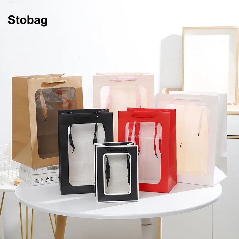 

StoBag 12pcs Kraft paper Gift Tote Bags Packaging with Window Color Handbag Cake Storage Reusable Pouch Birthday Party Favors