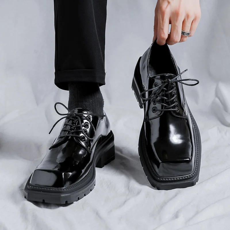 

mens fashion patent leather shoes brand designer square toe oxfords shoe party nightclub dress lace-up platform footwear zapatos