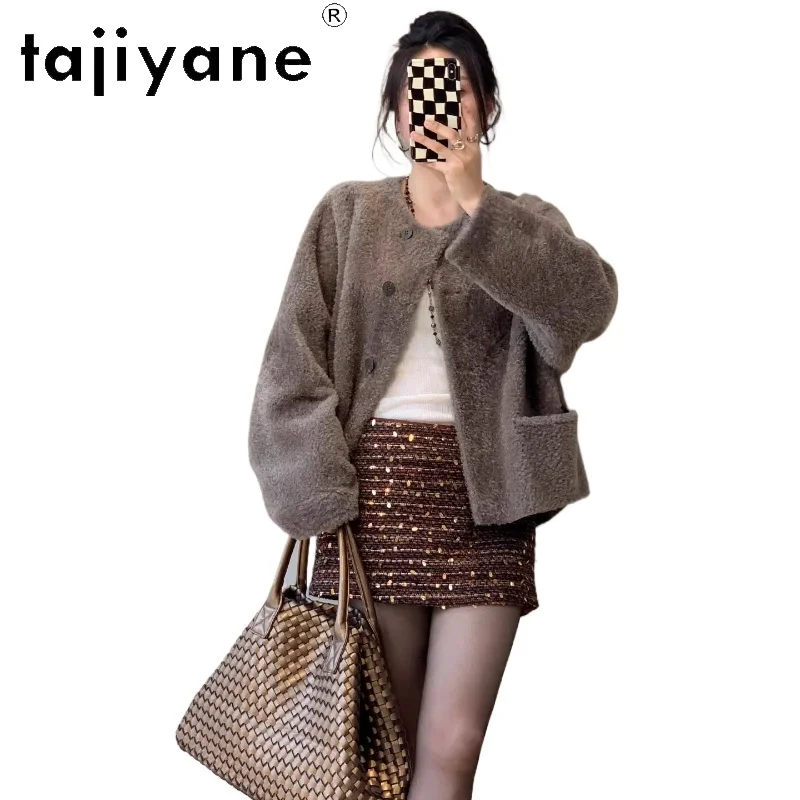 TAJIYANE 100% ريال لاكون الصوف جلد الغنم الفراء مزدوجة الوجه معطف الفرو امرأة قسط ملابس خارجية الشتاء ملابس حريمي 2025 ropa mujer