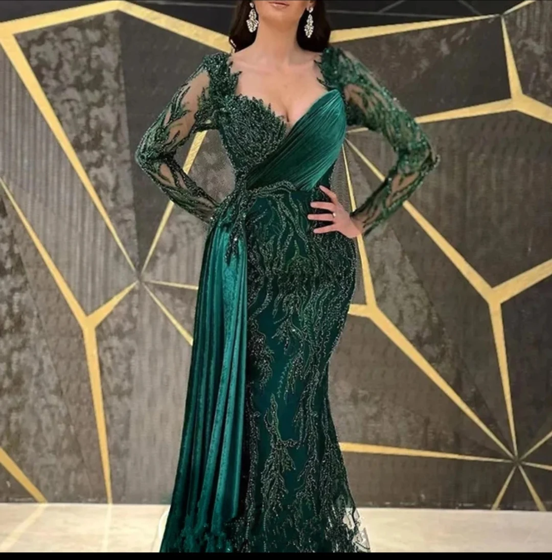 Evening Dresses for Elegant Beautiful luxury lace Emerald Green sequinTrumpet Floor-Length Long Sleeves Draped Party Dresses