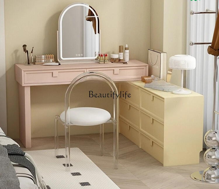 

Cream Style Solid Wood Dressing Table Bedside Modern Simple Storage Corner Chest of Drawers Telescopic Integrated