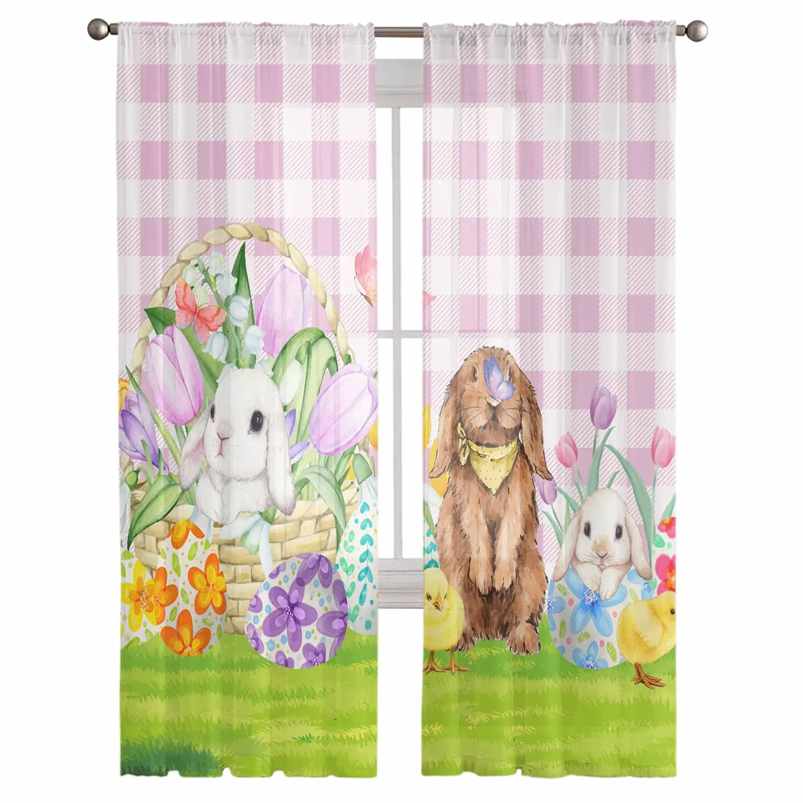 Easter Bunny Flowers Eggs Plaid Voile Curtains for Bedroom Window Tulle Curtain for Living Room Sheer Blinds Drapes