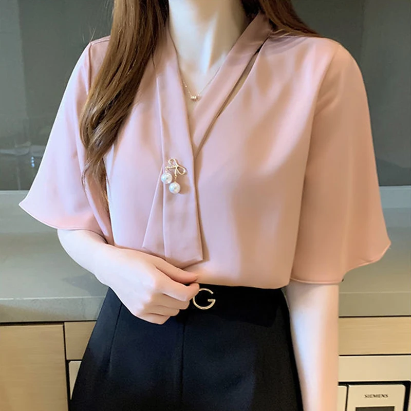 Women Chiffon Shirt Korean Elegant Pearl Loose Short Sleeve Female Blouse Summer Fashion New All Match Chic V Neck Ladies Tops