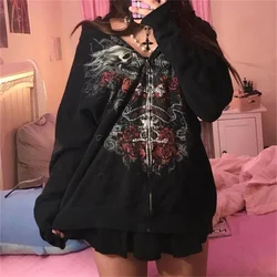 Fairy Grunge Skull Print Long Sleeve Hooded Tops y2k Aesthetic Hoodie Oversize Clothes Streetwear Gothic Sweatshirt Women