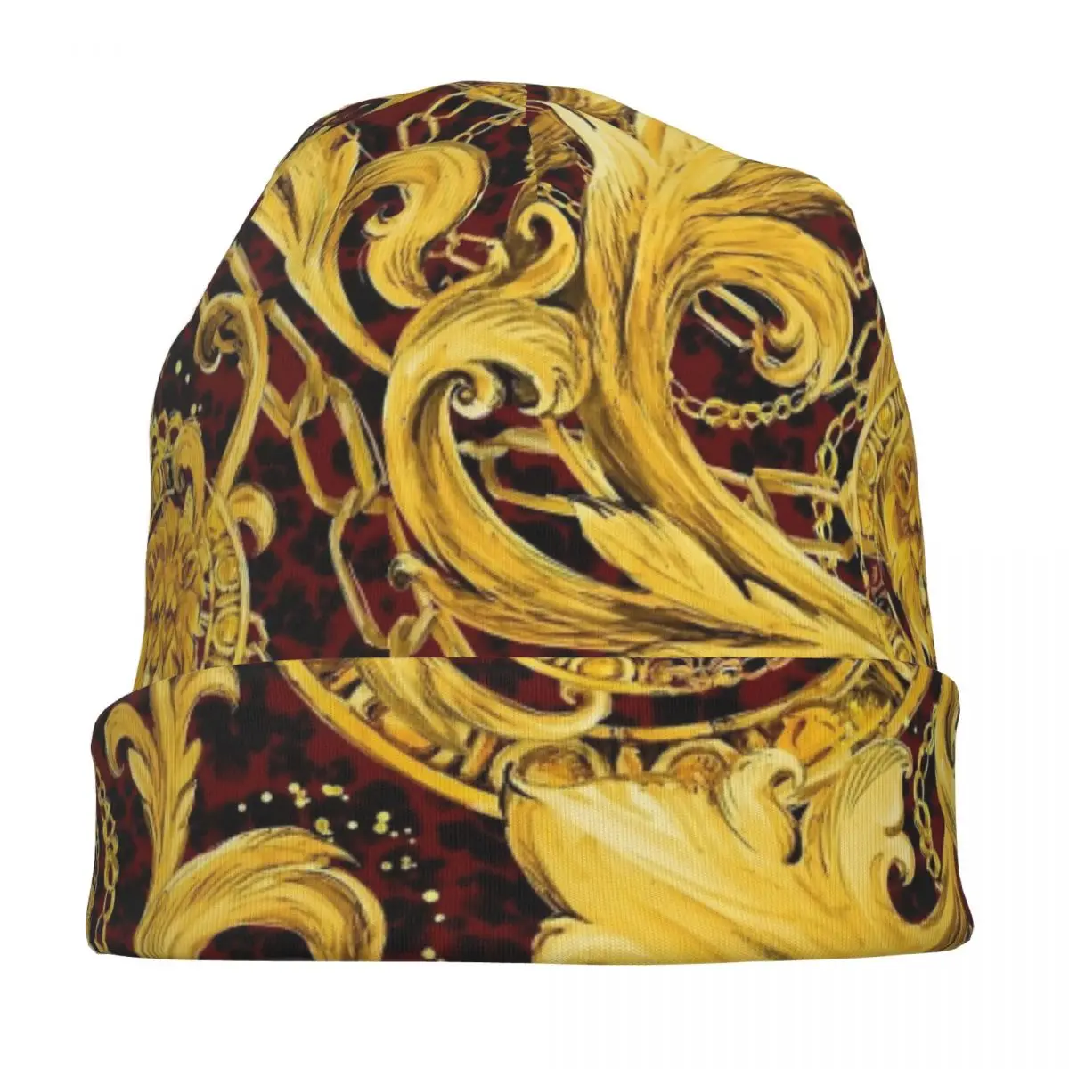 Golden Lion Baroque Vintage Skullies Beanies Hats Luxury Gold Flowers Unisex Caps Warm Thermal Elastic Bonnet Knitted Hat