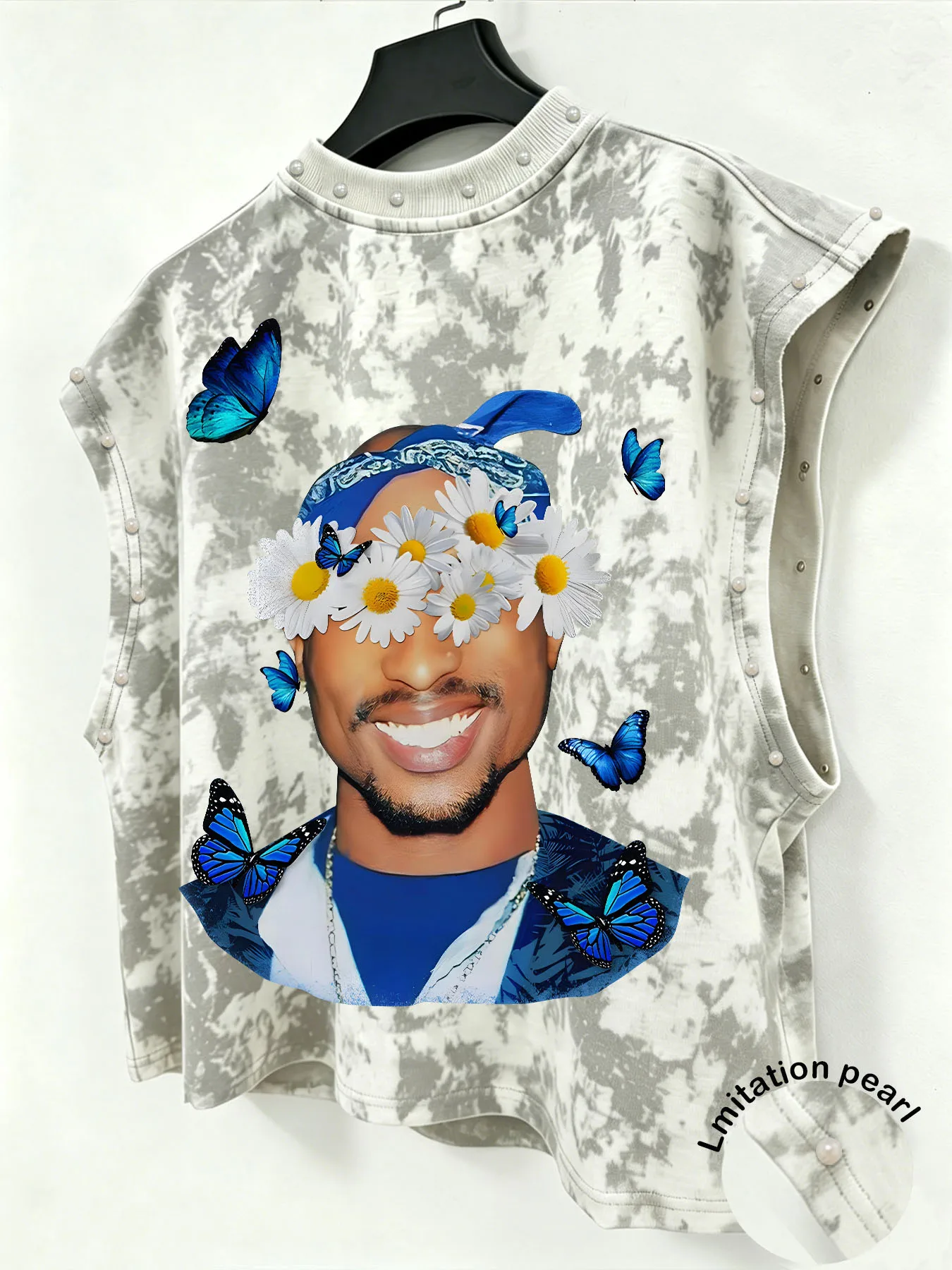 Tie Dye Sleeveless Tank Top, Hip Hop Character Daisy Blue Butterfly Print Imitation Pearl Trim Street Vest  mens tank top