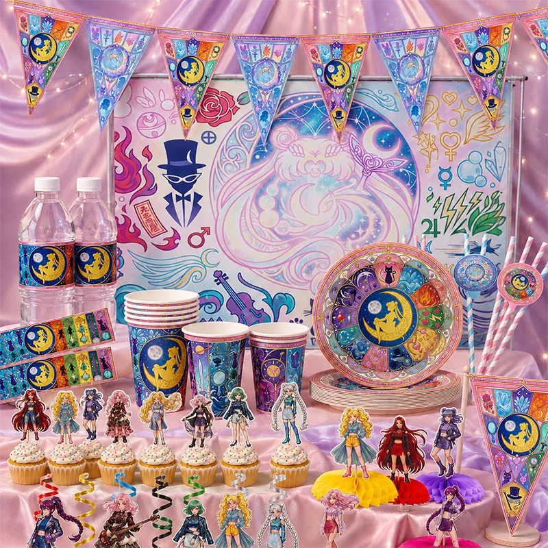 Sailor Moon Kombinations-Set mit Cartoon-Muster: Teller, Becher, Strohhalme, Einweggeschirr für Geburtstag, Feiertage, Familienfeiern, Heimdekoration
