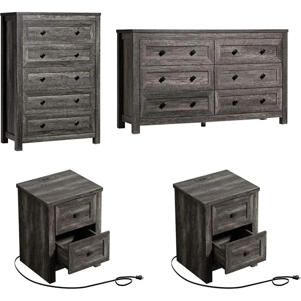 

4 Pieces Farmhouse Bedroom Furniture Set, 1 X 5 Drawer Dresser, 1 X Rustic 6 Drawer Storage Dresser, Nightstand Set of 2 with Ch