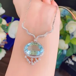 925 Silver Luxury Sea Blue Color Zircon Jewelry Long Tassel Water Drop Pendant Necklace Bridal Wedding Party Jewelry for Women