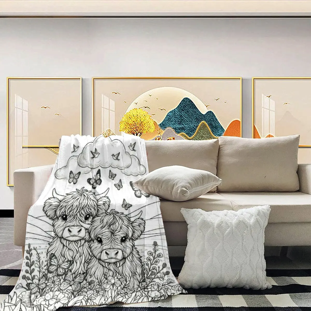 Highland Cow Floral Butterfly Line Art Flannel Blanket Lightweight Warm Throw Blanket Bedroom Sofa Camping Home Wall Ornament