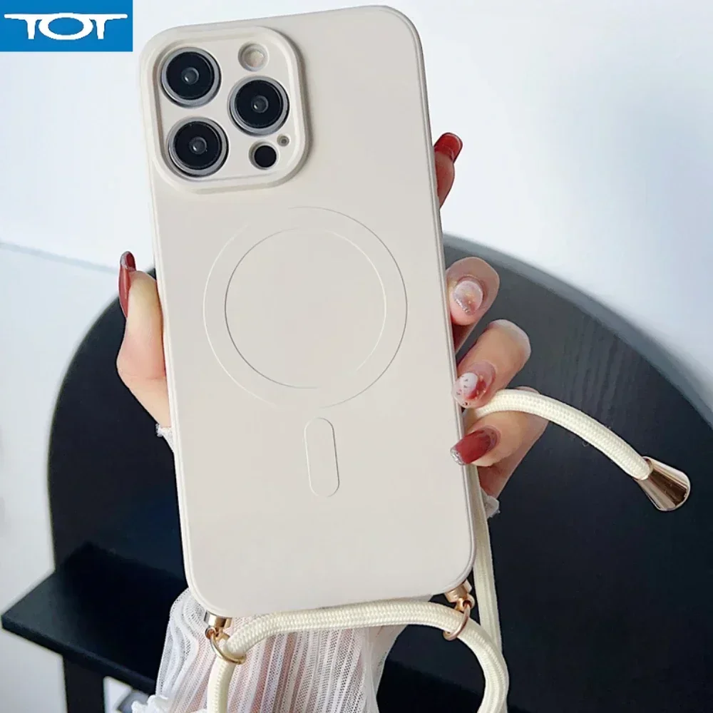 Custodia magnetica in silicone liquido con cordino a tracolla per iPhone16 15 Pro Max 14 13 12 11 Collana per copertura di ricarica wireless Magsafe
