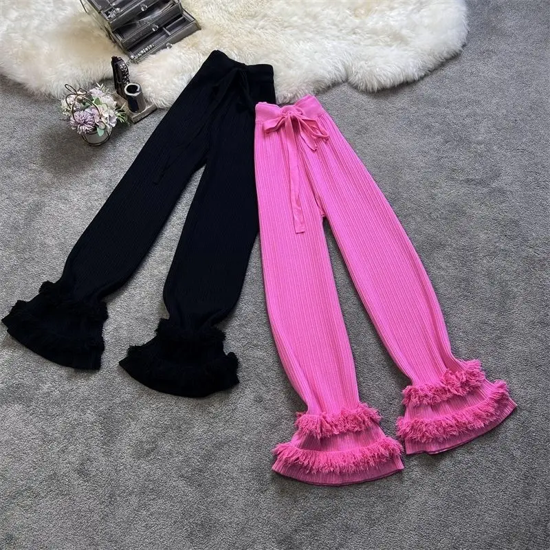 Fungus Sweatpants Y2k Streetwear Harem Pants Women Pantalones De Mujer Flare Black Tassels Baggy Trousers Knitwear