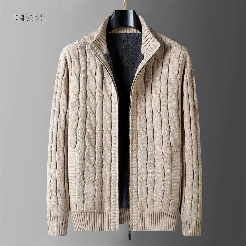 Wool Liner Argyle Jumper  Jacken Korea Khaki Black Fleece Thicken Warm Winter Zipper Sweater Men Cardigan Knitted Clothing