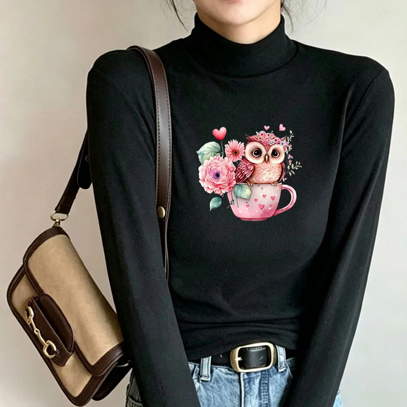 Winter Women's Thermal Brushed Fleece Half Mock Neck Long Sleeve T Shirt Owl Teacup Pink Flowers Graphic Warm Tee