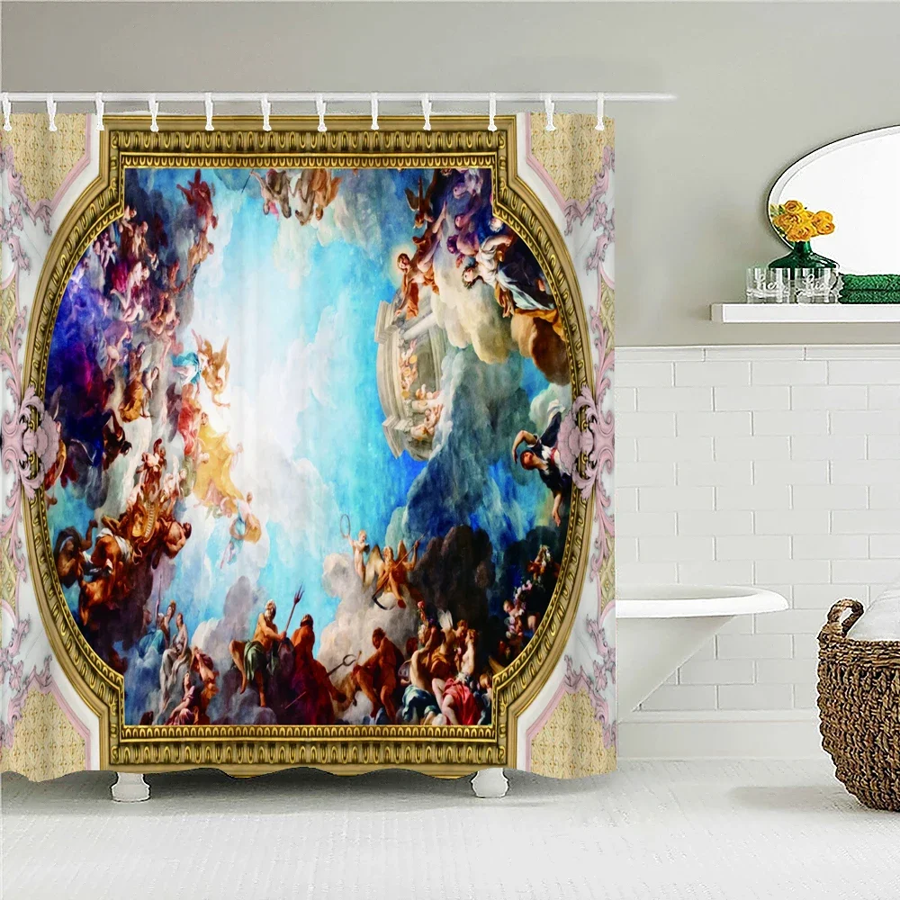 European Retro Style Angels Shower Curtains Waterproof Fabric Bathroom Curtain Church Mural Bathtub Bath Curtains with 12 Hooks