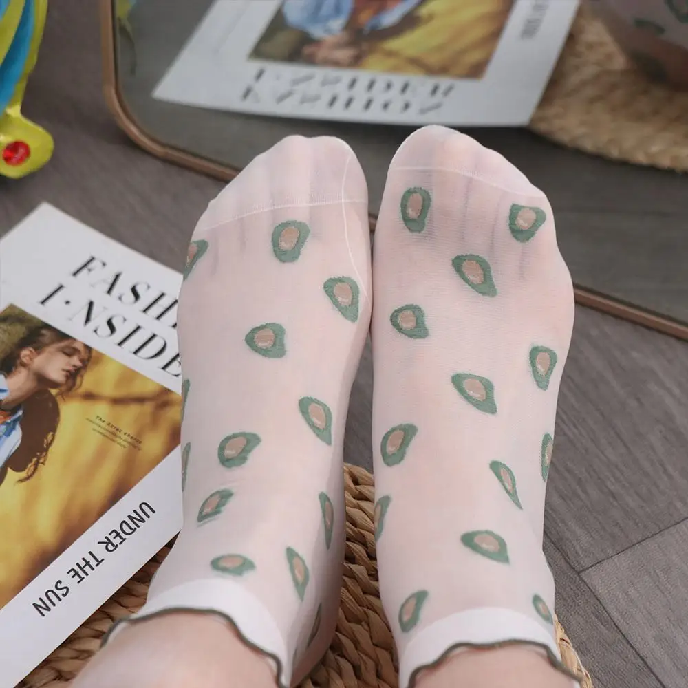 Pfirsich Erdbeere Glas Seide Rüschen Socken Avocado Ultra Dünne Transparente Blume Rüschen Socken Kirsche Harajuku