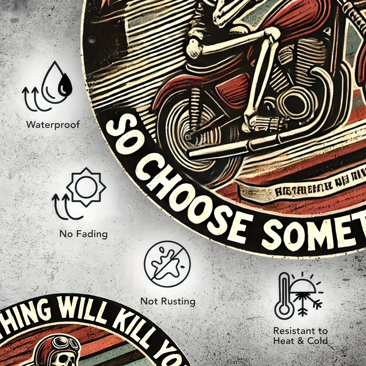 علامة قصدير معدنية عتيقة على شكل هيكل عظمي للدراجة النارية - قطعة واحدة من لوحات فنية جدارية من الألومنيوم، "كل شيء يقتلك حتى اختيار شيئًا ممتعًا"