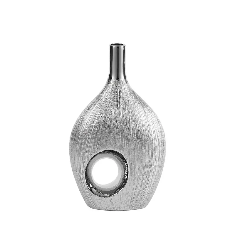 

423W Brushed Silver Plated Ceramic Vase Artificial Flower Decorative Arrangement Desk Decoration Aesthetic Room Decor