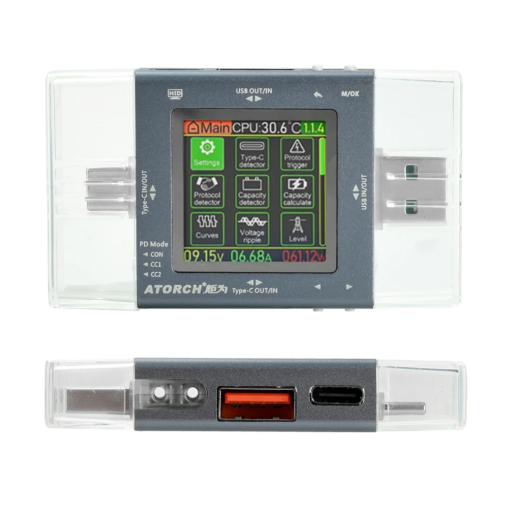 TU13 Digital Multifunctional Mobile Phone Charger USB Tester Type C+USB 2-in-1 Voltage Current Power Meter Tester DC 0-50V 6.5A