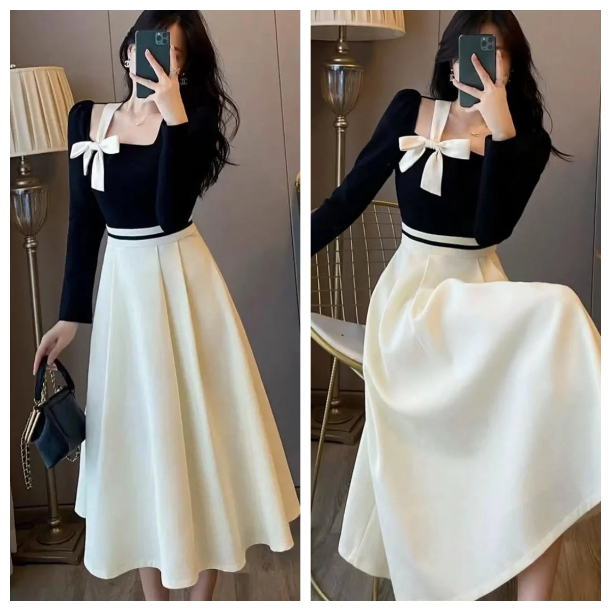 Customized Classic Black White Square Collar Off the Shoulder Long Sleeves Party Dresses Luxury Jersey Special Occasion Gowns