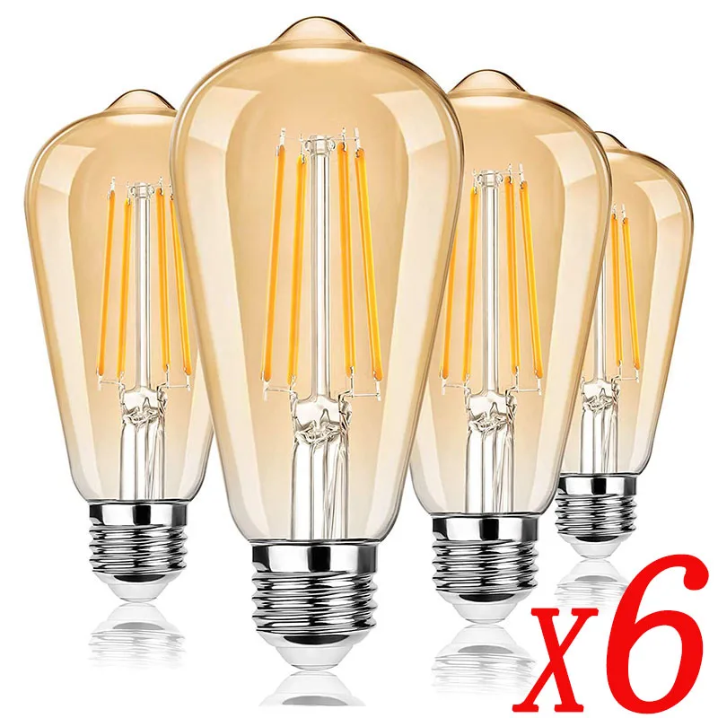 6-Pack ST64 LED Edison Bulbs Dimmable E27 Medium Base Light Bulb 2700K Soft Warm Glow Eye-Protection LED Bulb Glass Bulbs 220V