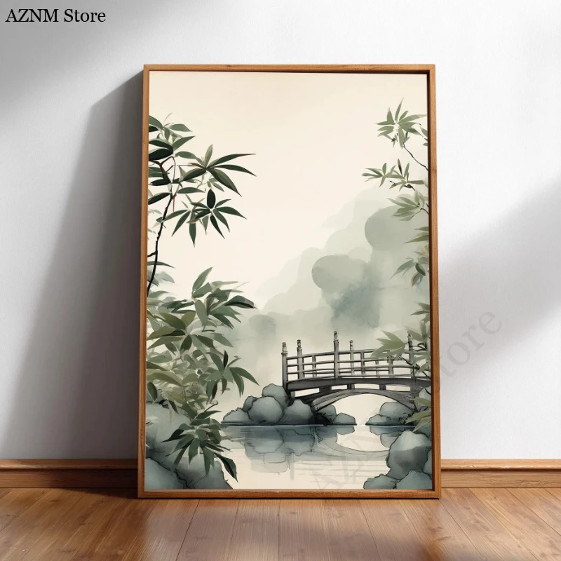 Japandi Wall Art Minimal Botanical Minimalist Japanese Bamboo Forest Crane Nature Print: Zen Stream,  Print in Neutral Tones