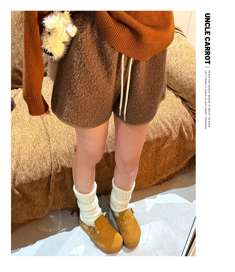 Autumn Winter Faux Lamb Wool Warm Shorts for Women Kawaii Sweet Soft Homewear Shorts Spicy Girl Streetwear Lace-Up Hot Pants