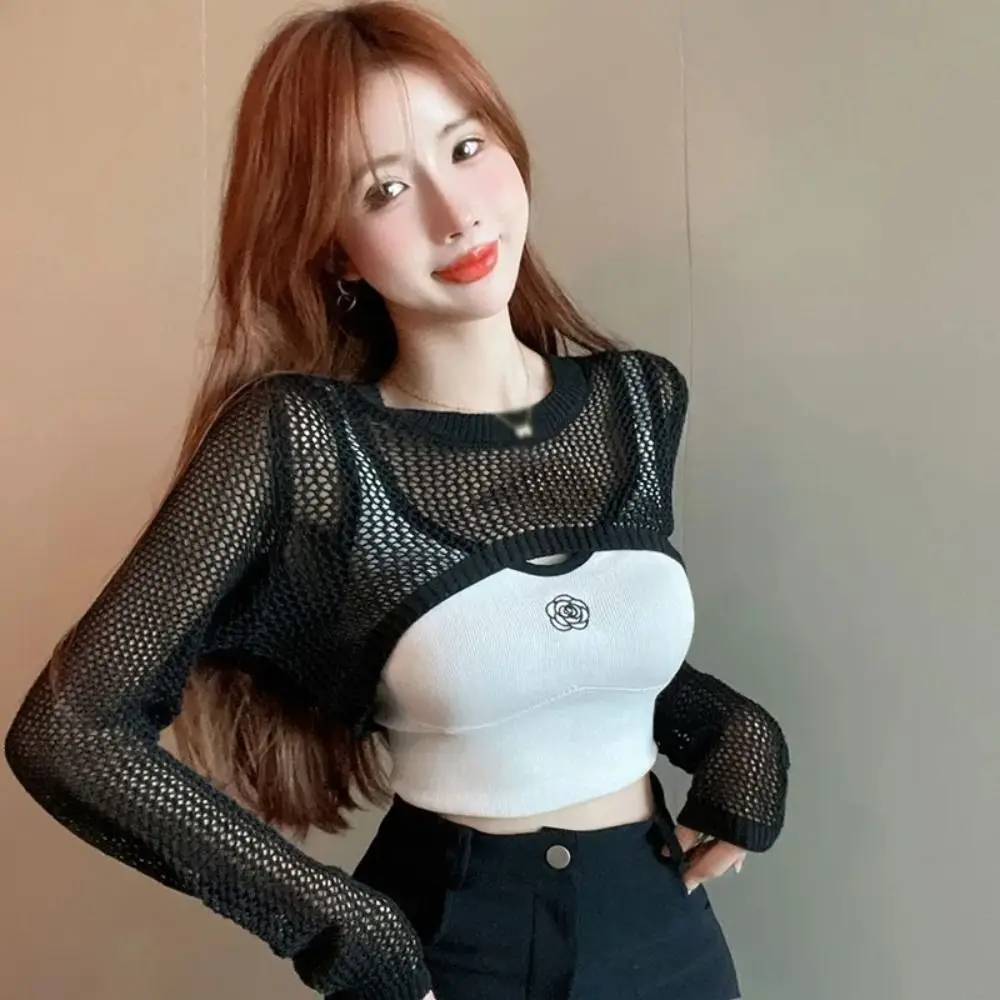 بلوزة نسائية محبوكة لتغطية ملابس الصيف الرقيقة الواقية من الشمس معطف قصير بأكمام مفرغة