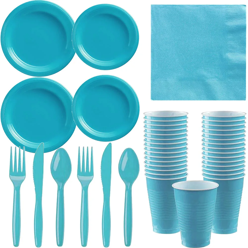 Pure Blue Party Tableware Cups Plates Tablecloths Suitable For Multiple Birthday And Weddings Parties Supplies Knife Fork Spoon