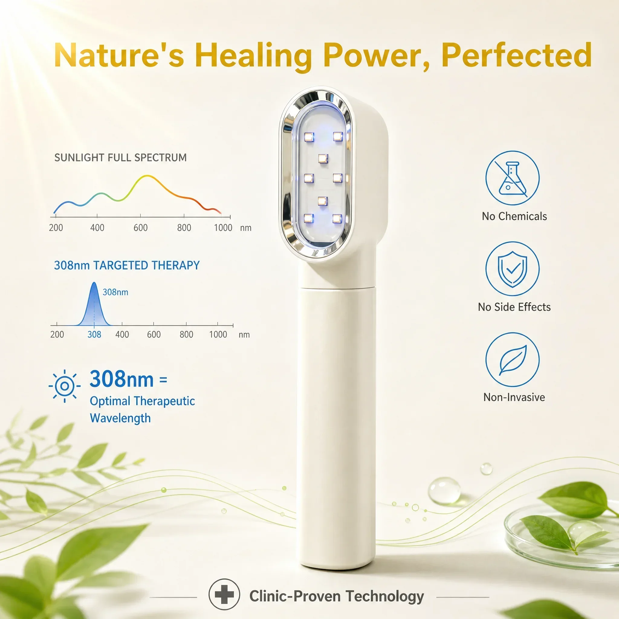 Handheld 308nm UVB Phototherapy Lamp Home Use Light Therapy Device for Vitiligo Psoriasis Eczema Pigment Spots Skin Treatment