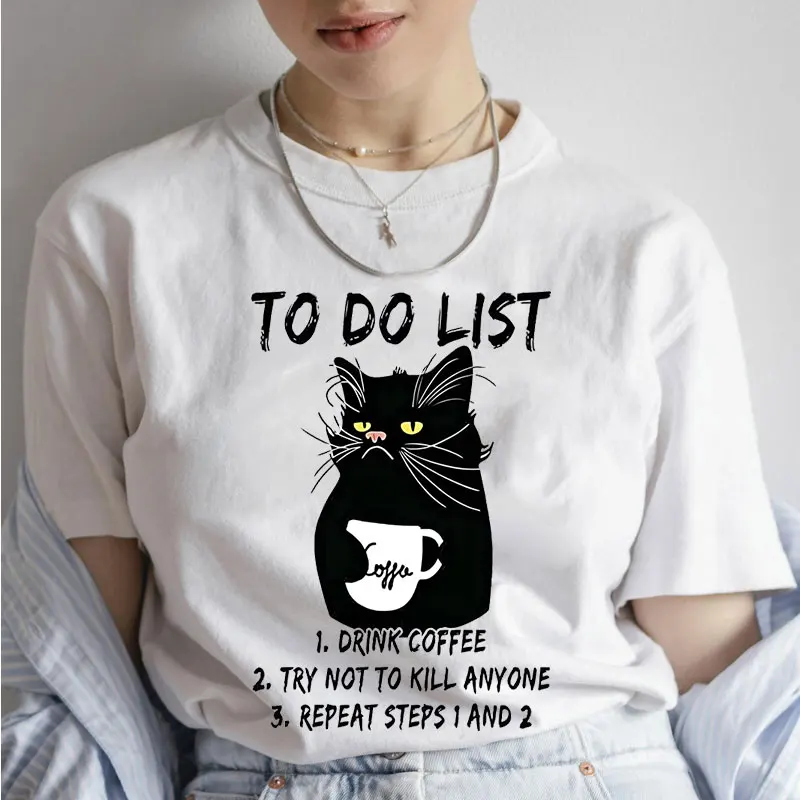 Kadın T-shirt Siyah Kedi Yapılacaklar Listesi Kahve İçmek Herkes Öldürmek İçin Deneyin Komik Tee Gömlek Kadın Giyim Anime Tişörtleri Tops