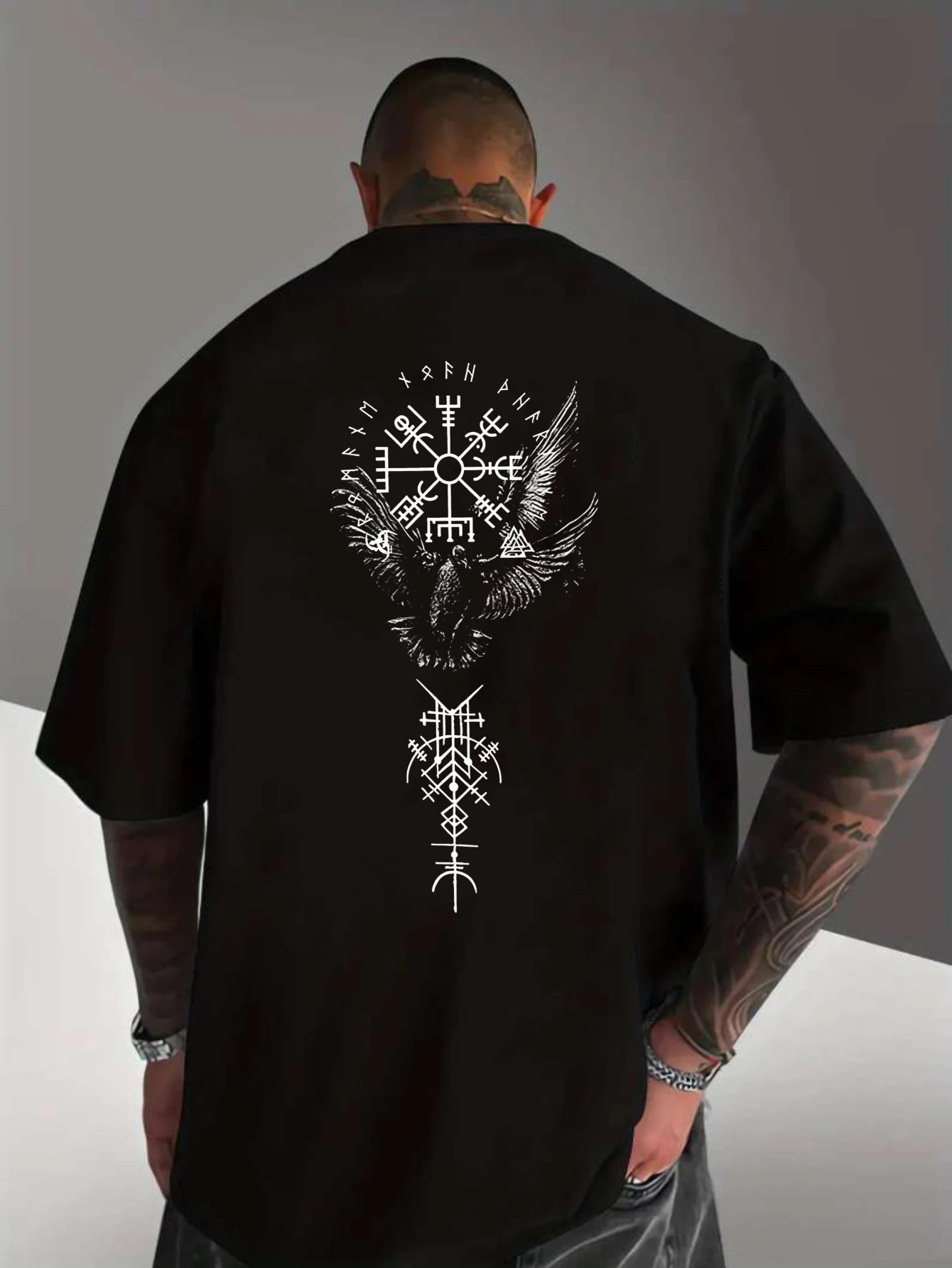 Viking Runes Compass Eagle Wings Symbolic Design with Tribal Elements and Mystical Patterns Suitable for Daily Wear