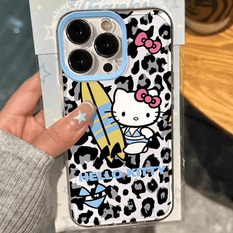 New Sanrio Hello Kitty Leopard Print Surfing Kt Phone Case for Iphone 11 12 13 14 15 Pro Max Xr Xs Max Y2K Pink Doodle Dot Cover