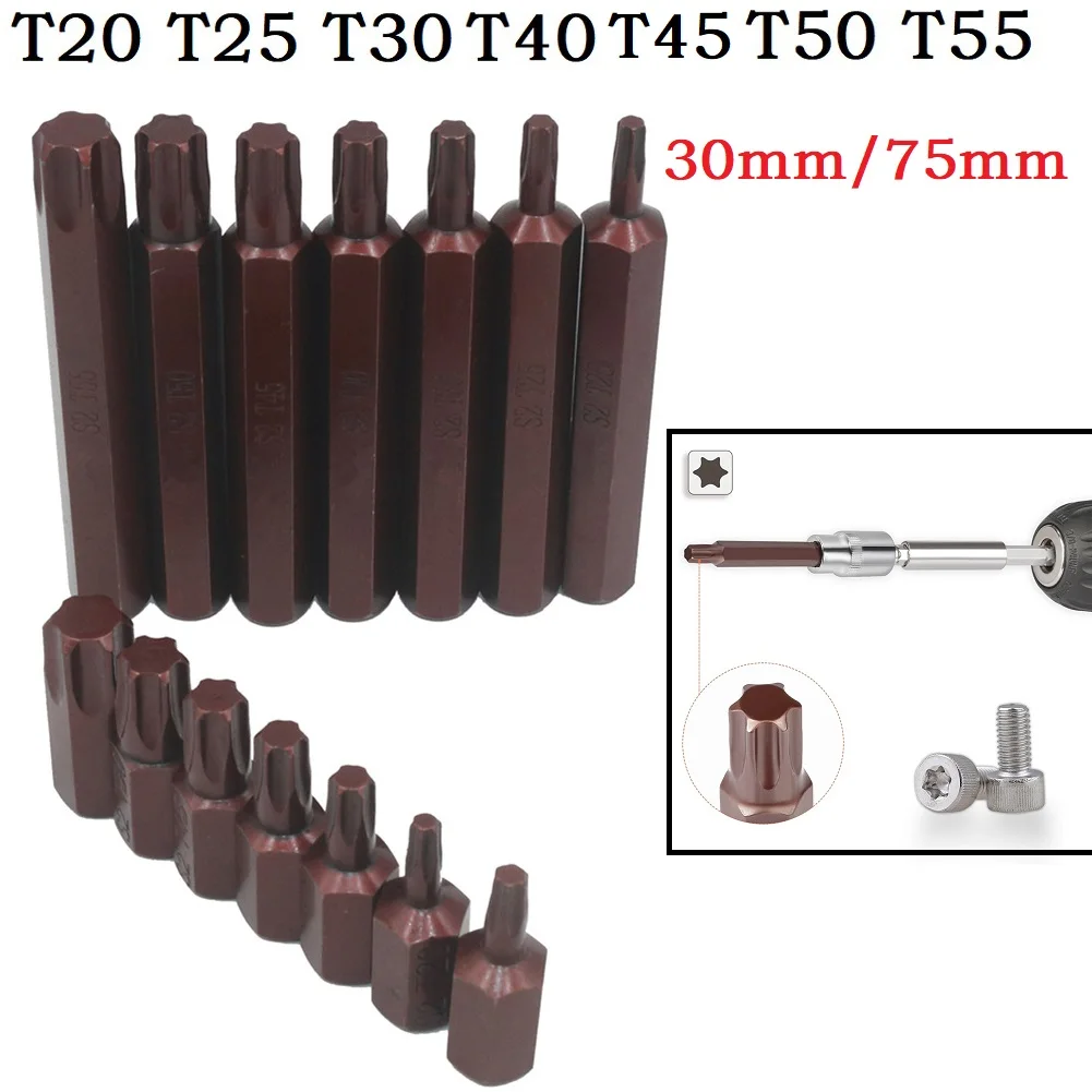 1PC Torx Star Screwdriver Bits 30mm/75mm Hex Shank T20/T25/T30/T40/T45/T50/T55 Impact Driver Magnetic Anti Slip Electric Hex