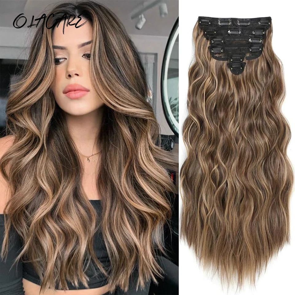 Clip de pelo sintético para mujer, postizos gruesos ondulados largos, extensiones de cabello sintético de cabeza completa, postizos ombré, 30