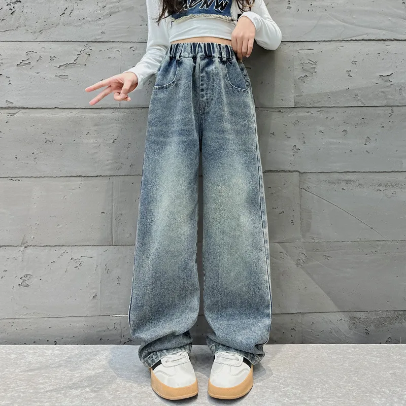 Girl\'s Denim Wide Leg Pants Spring and Autumn Jeans 2024 New Trendy Stylish Children\'s loose Pockets Slimming Straight leg Pants