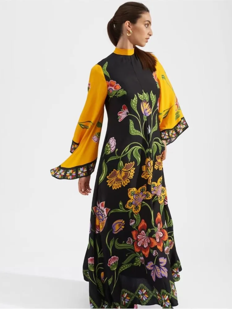 

Fashion Ethnic Retro Spring Print Boho Long Dress Women Sexy Stand Collar Party Dress Fall 3/4 Sleeve Loose Ladies Maxi Dresses