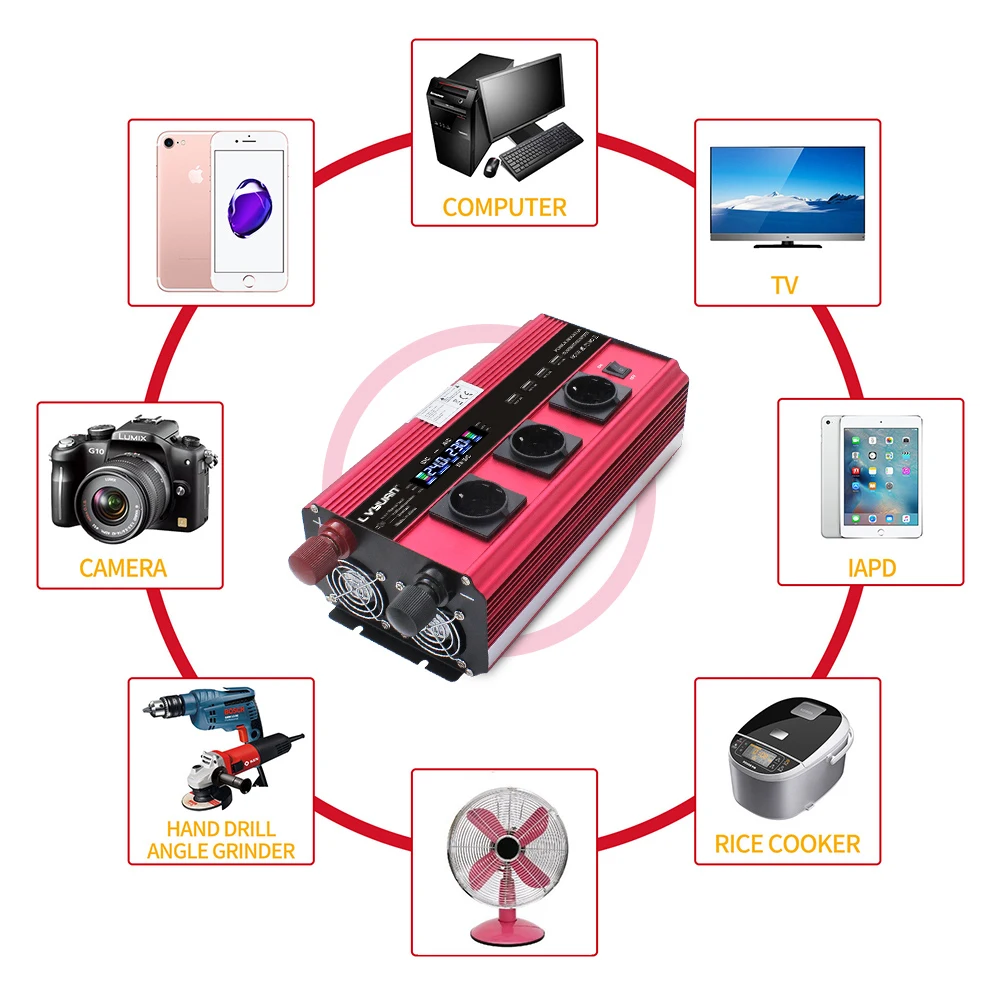 12V&24V Dual Voltage Inverter 3000W/6000W Peak Power Output Voltage AC220V Power Converter LCD Display EU Socket& 50Hz