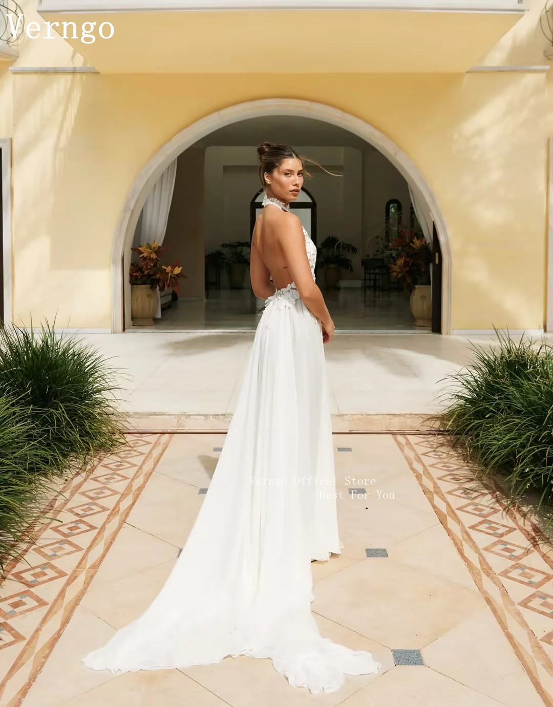 

Verngo Lace Sexy Boho Wedding Dress Halter A Line Bridal Gowns Women Sweep Train Backless Bride Dresses Customized