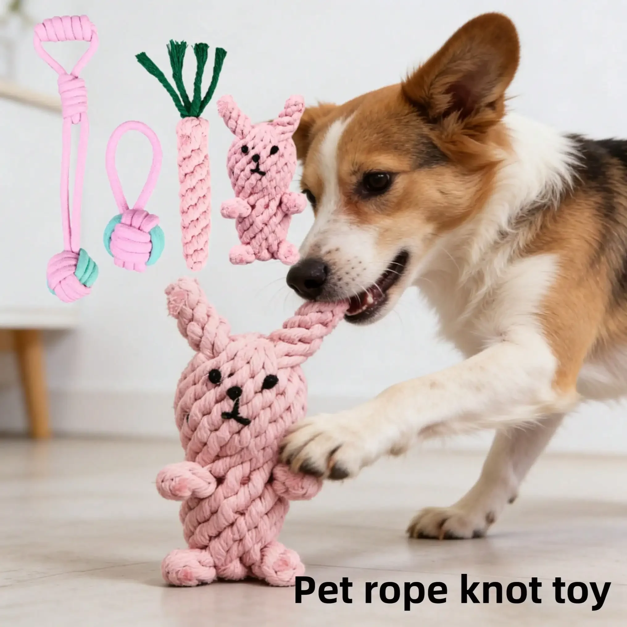 

Cute Rabbit, Carrot, Pull Rope Ball Combination, Hand-Woven Rope, Bite-Resistant And Durable. Teeth Grinding And Cleaning