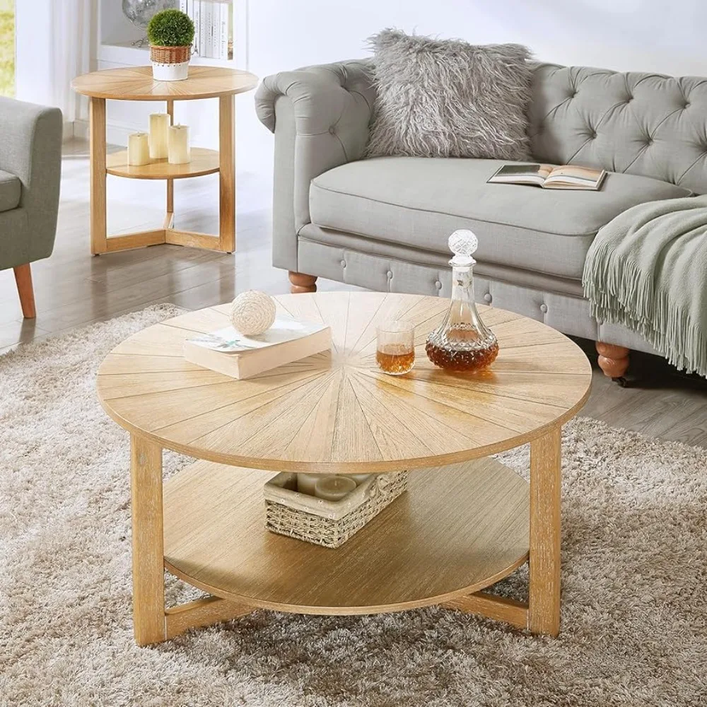 Round Table, 2 Tier Solid Natural Wood Coffee Table For Living Room, 35.3