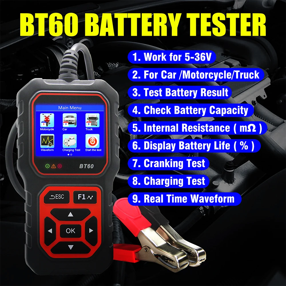 12V/24V BT60 Automotive Battery Tester Digital Auto Battery Analyzer Charging Cranking Tester for Car Truck Motorcyle Vehicle RV