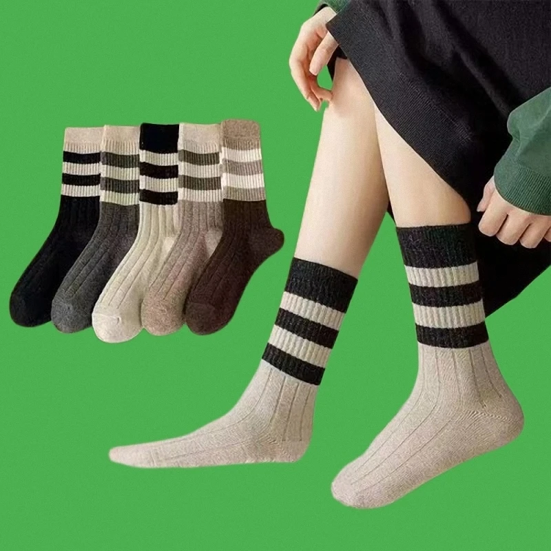 

10/15 Pairs Women's Mid-tube Socks Autumn And Winter Trend Comfortable Breathable Sweat-absorbent Retro Two-bar Long Socks